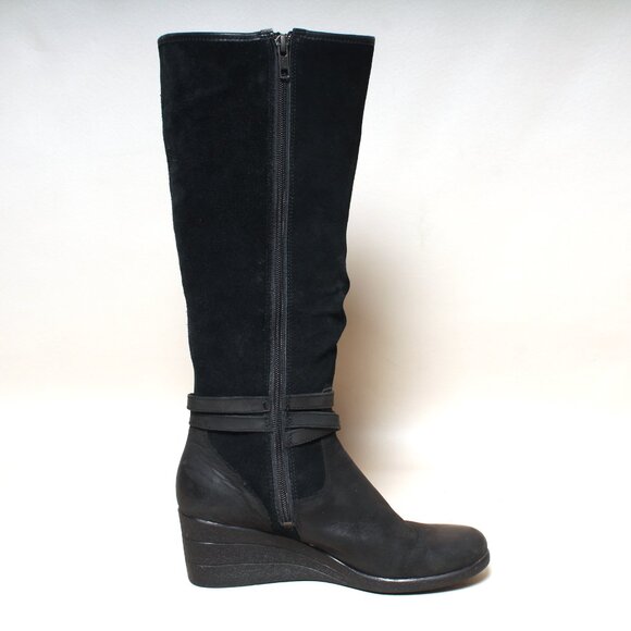 Womens Ugg Boots Lesley Sz 9 Black Leather Waterproof Wedge Heel Knee High Boot - Picture 4 of 9